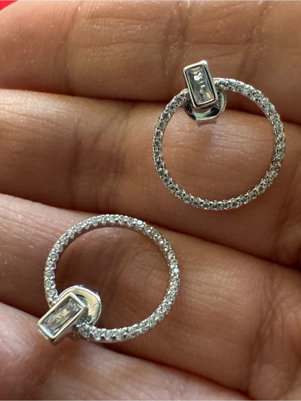 Sterling Silver Pave Circle Drop Earrings with Baguette Crystal